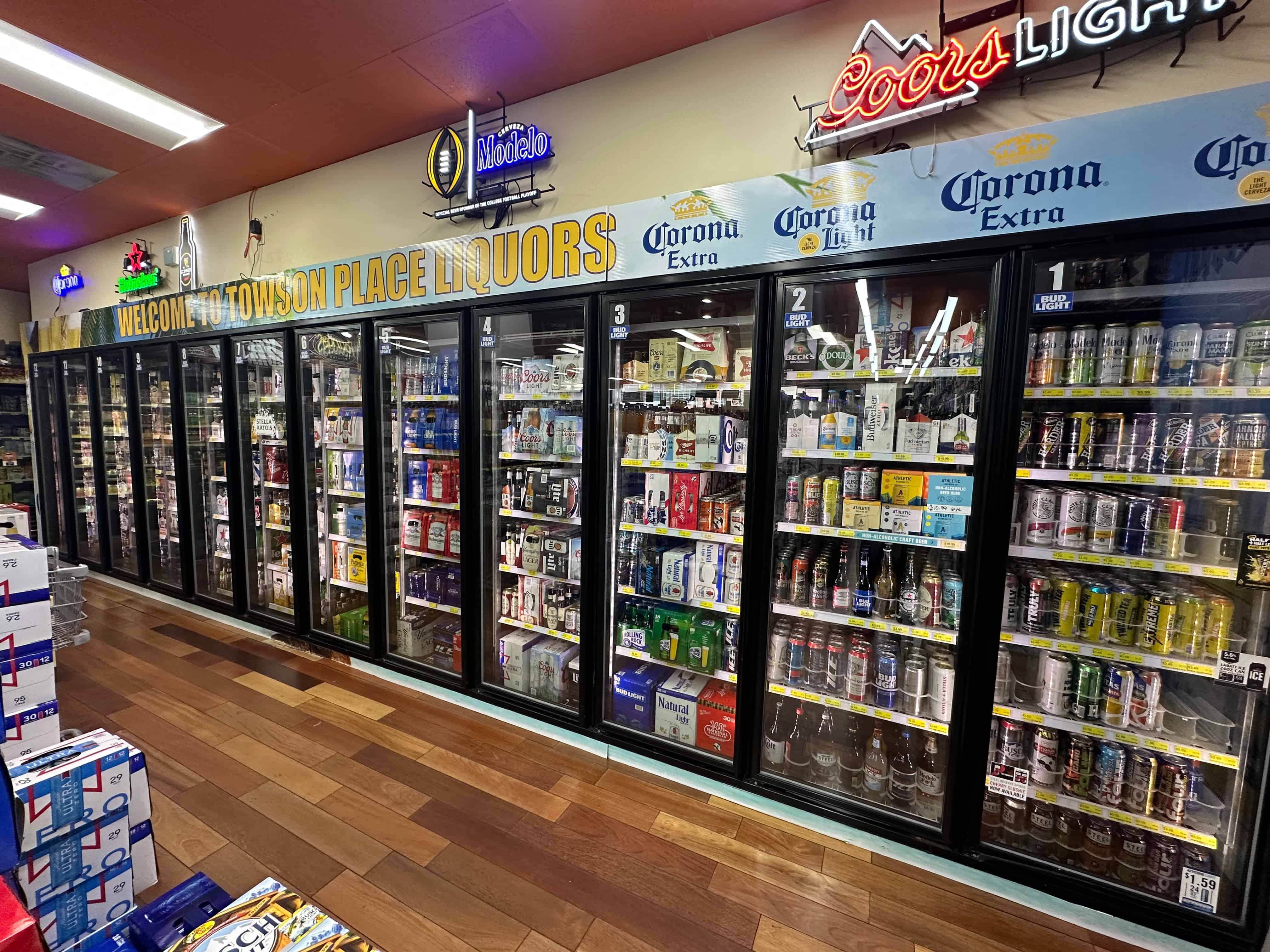 Ice-cold beer wall at Towson Place Liquors